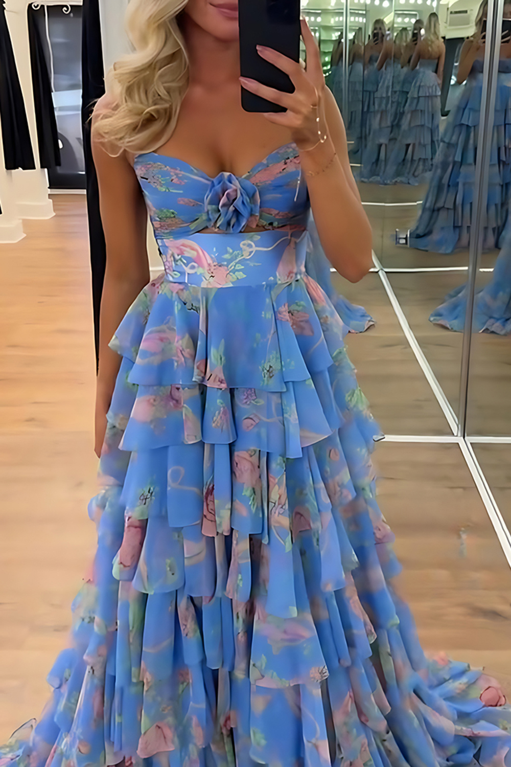 Blue Flower Ball Gown Ruffled A Line Long Prom Dress with Slit