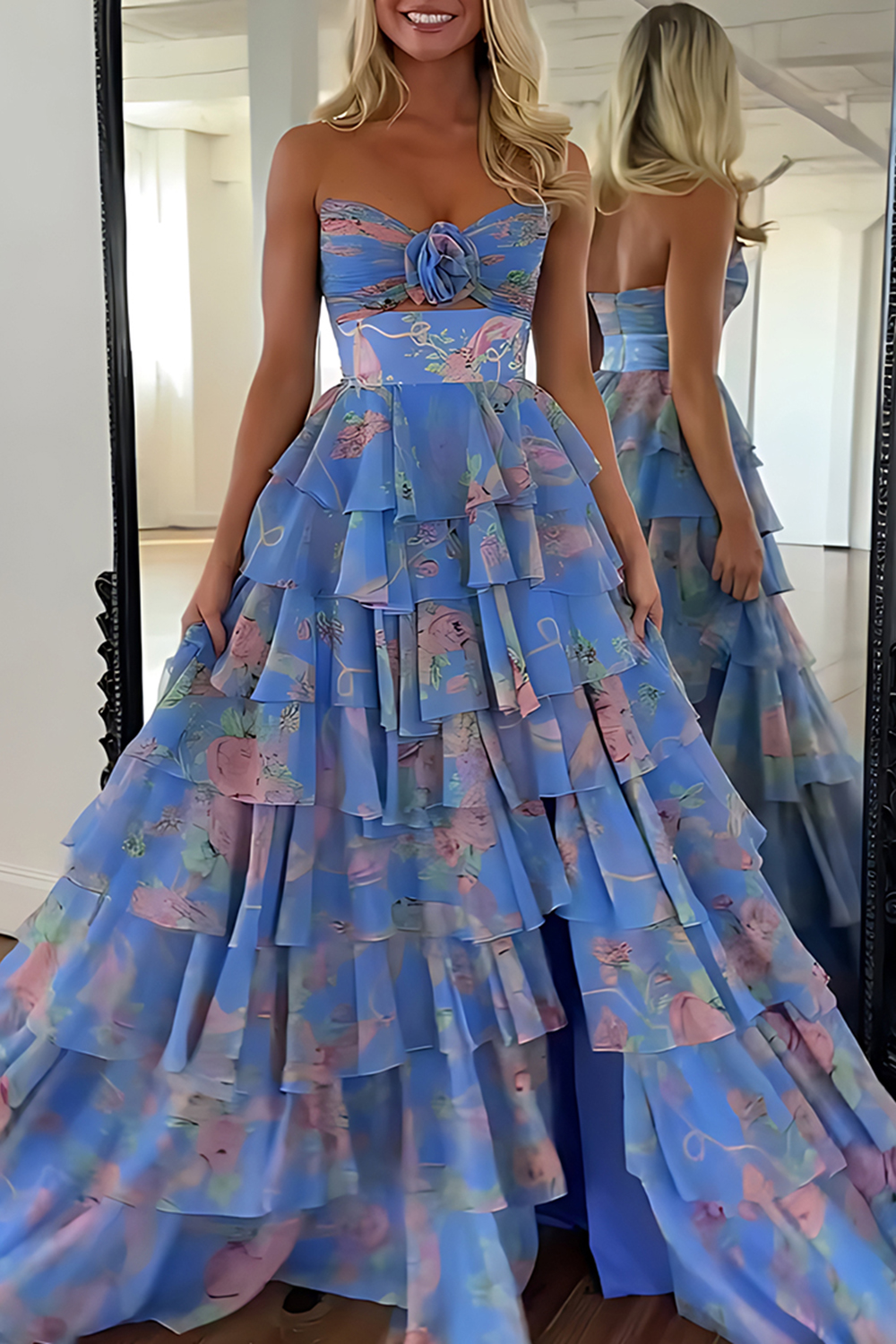 Blue Flower Ball Gown Ruffled A Line Long Prom Dress with Slit