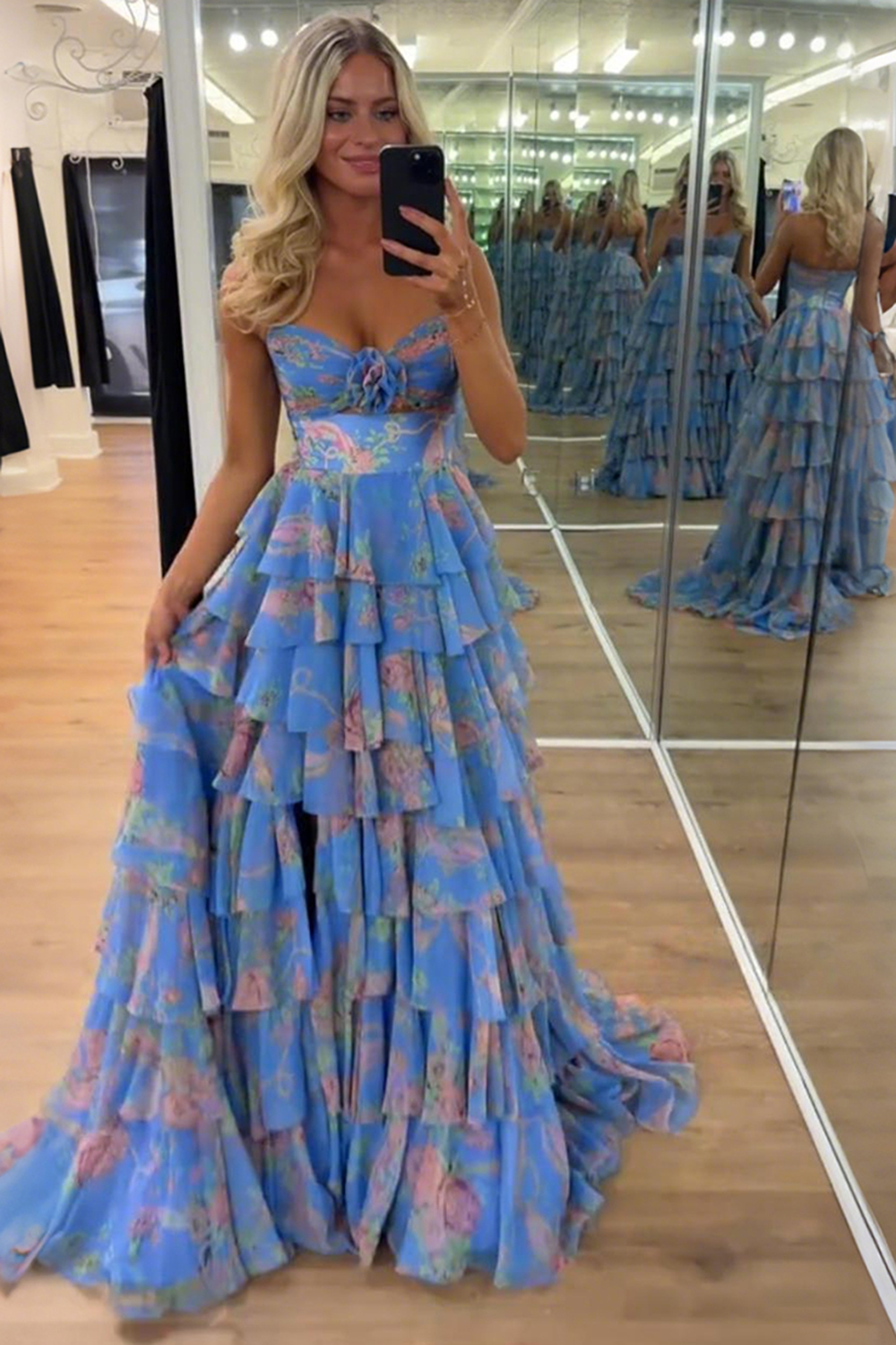 Blue Flower Ball Gown Ruffled A Line Long Prom Dress with Slit