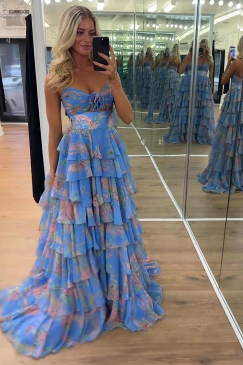 Blue Flower Ball Gown Ruffled A Line Long Prom Dress with Slit