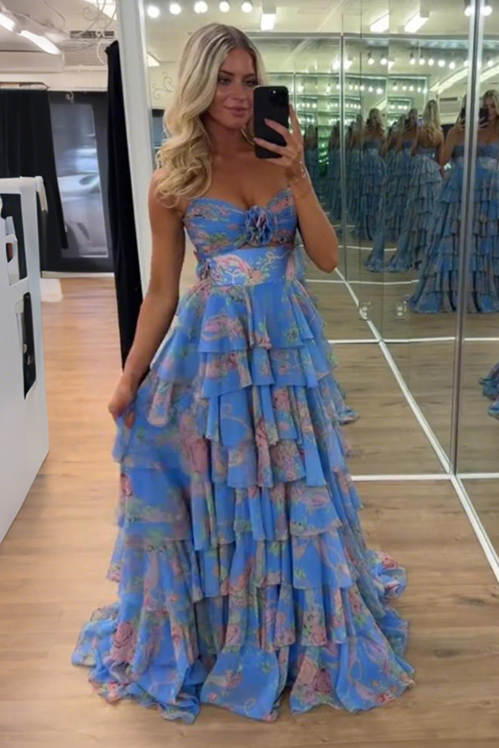 Blue Flower Ball Gown Ruffled A Line Long Prom Dress with Slit