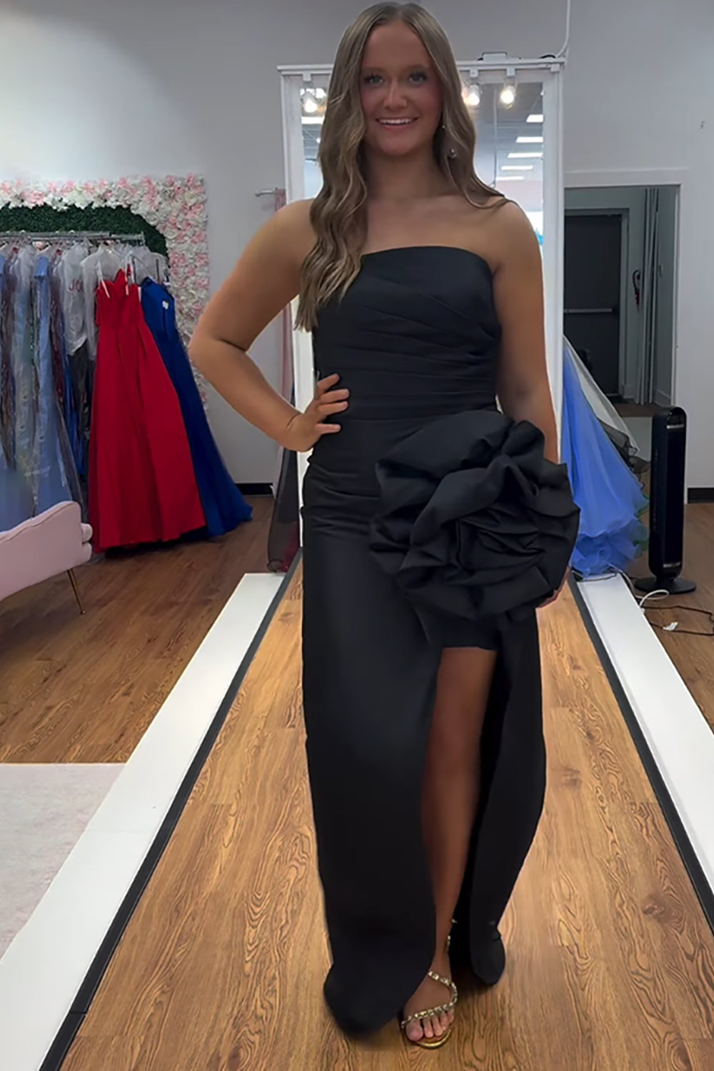 Black Floral Mermaid Strapless Long Prom Dress with Slit