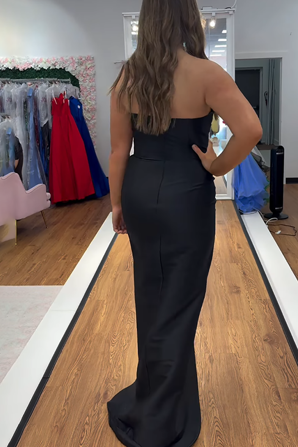 Black Floral Mermaid Strapless Long Prom Dress with Slit