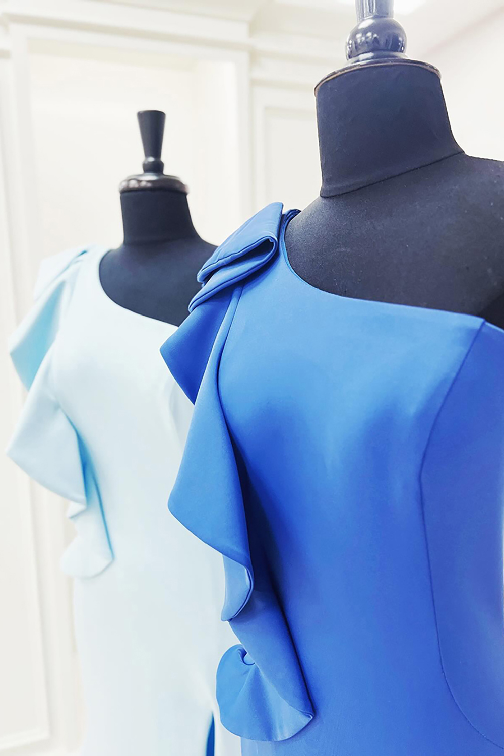 Light Blue One Shoulder Mermaid Ruffled Long Prom Dress with Slit