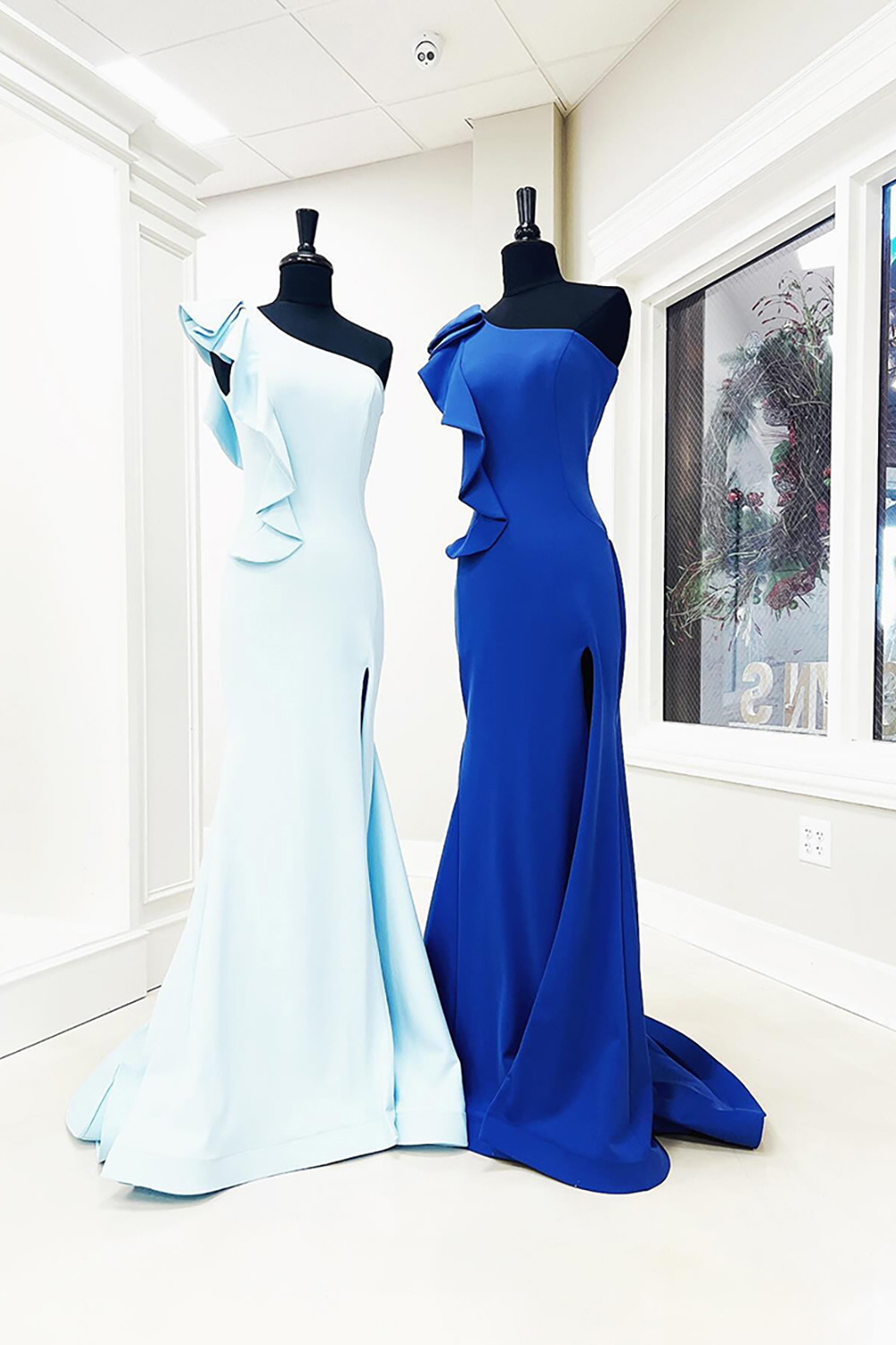 Light Blue One Shoulder Mermaid Ruffled Long Prom Dress with Slit