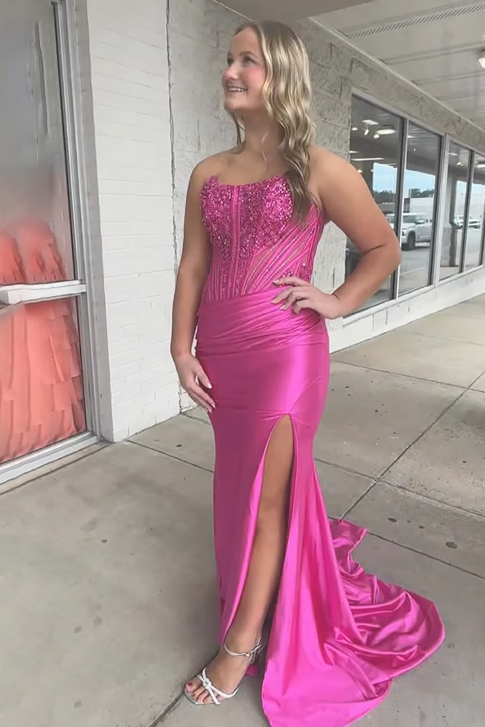 Sparkly Fuchsia Beaded Strapless Mermaid Long Prom Dress with Slit