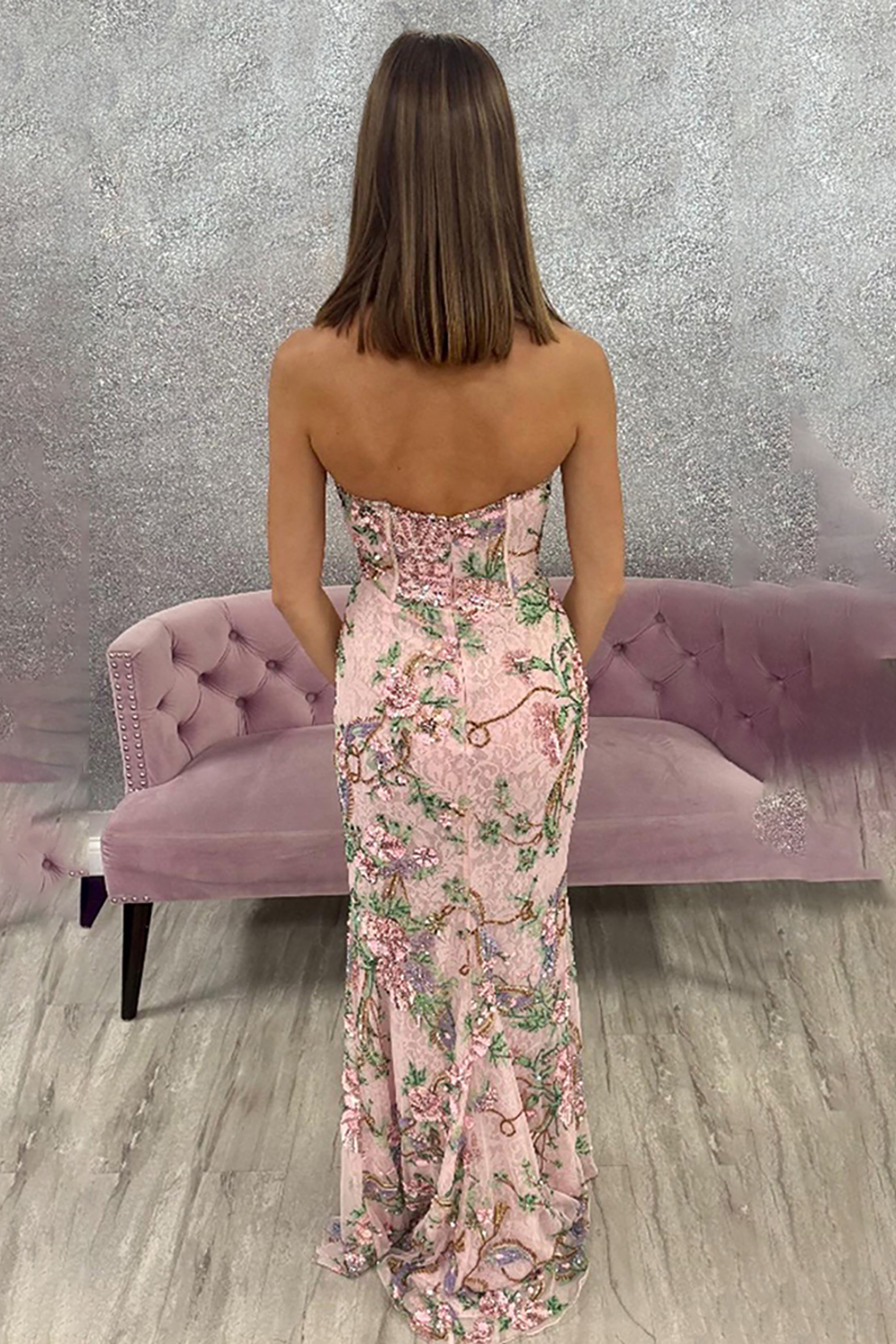 Floral Pink Corset Mermaid Sweetheart Long Prom Dress with Slit