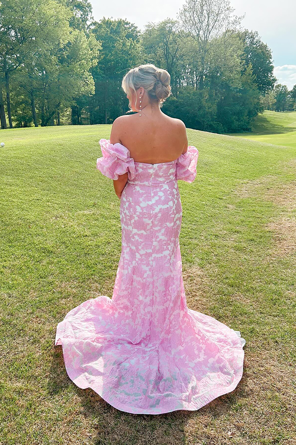 Pink Flower Mermaid Corset Off the Shoulder Long Prom Dress with Slit