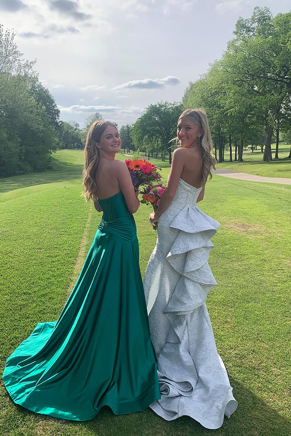 White Ruffled Mermaid Strapless Corset Long Prom Dress with Slit