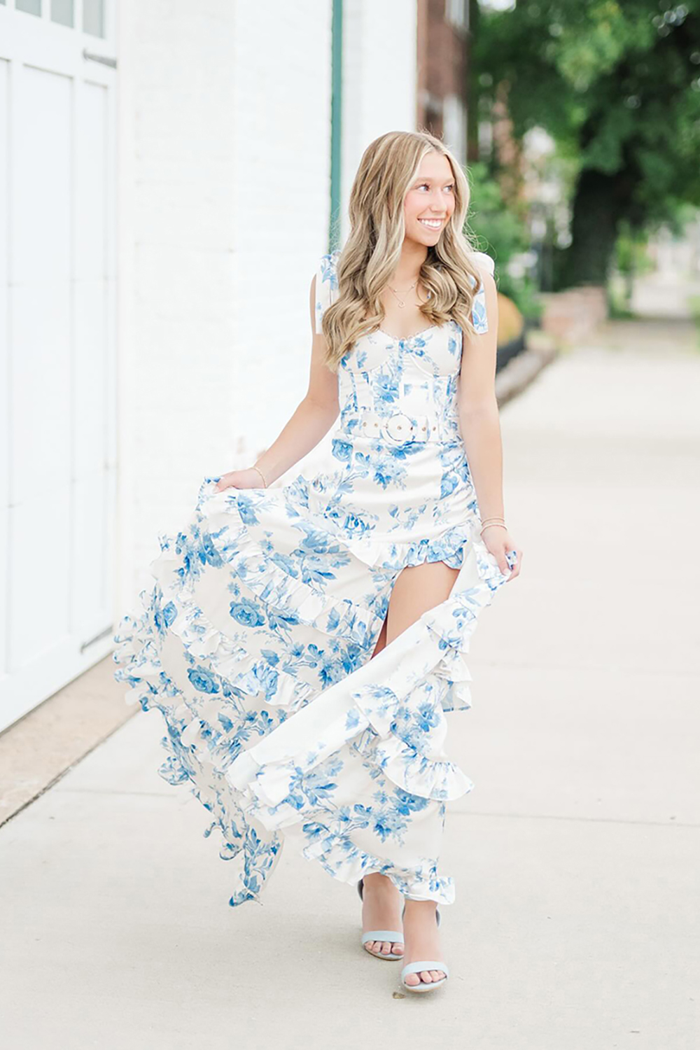Floral White Blue Ruffled Corset Mermaid Long Prom Dress with Belt