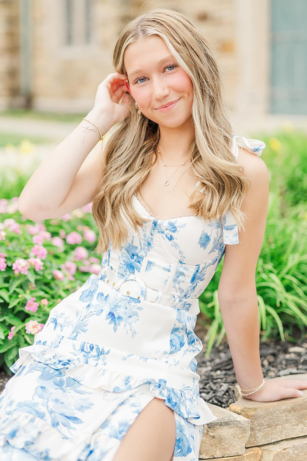 Floral White Blue Ruffled Corset Mermaid Long Prom Dress with Belt