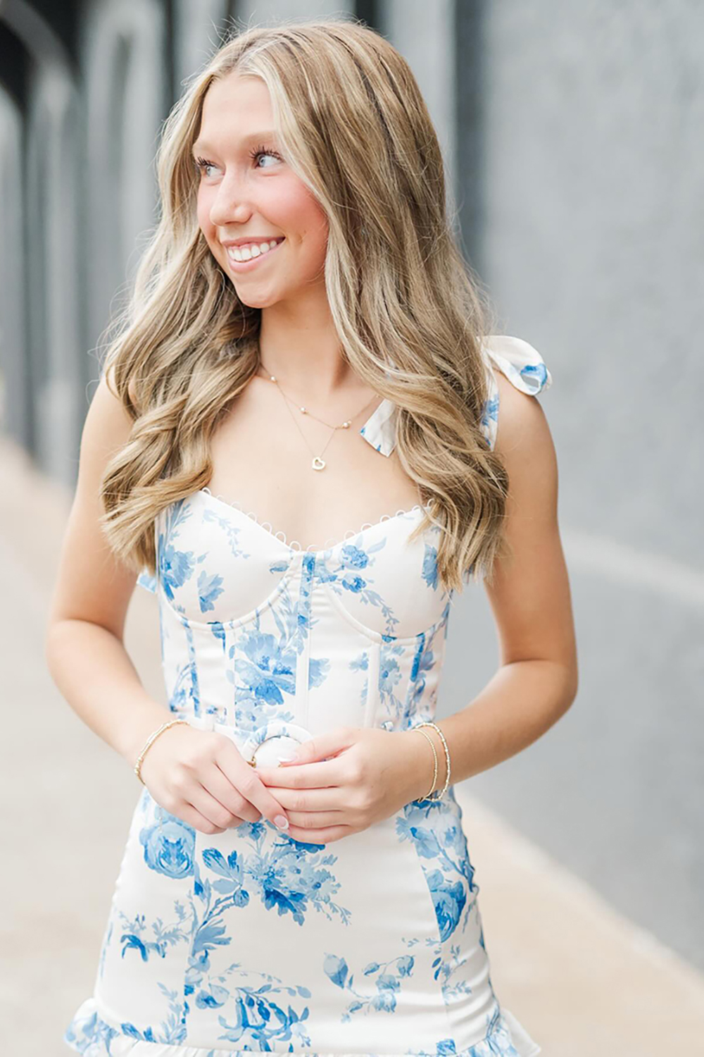 Floral White Blue Ruffled Corset Mermaid Long Prom Dress with Belt