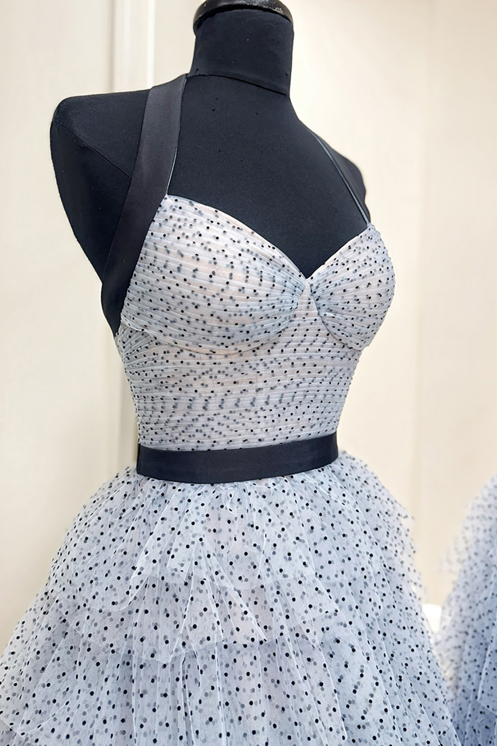 Yellow Ruffled Tiered Polka Dots Halter Long Prom Dress with Slit