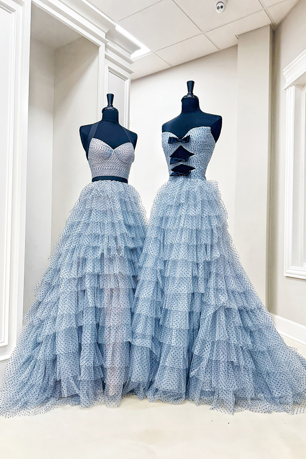 Yellow Ruffled Tiered Polka Dots Halter Long Prom Dress with Slit