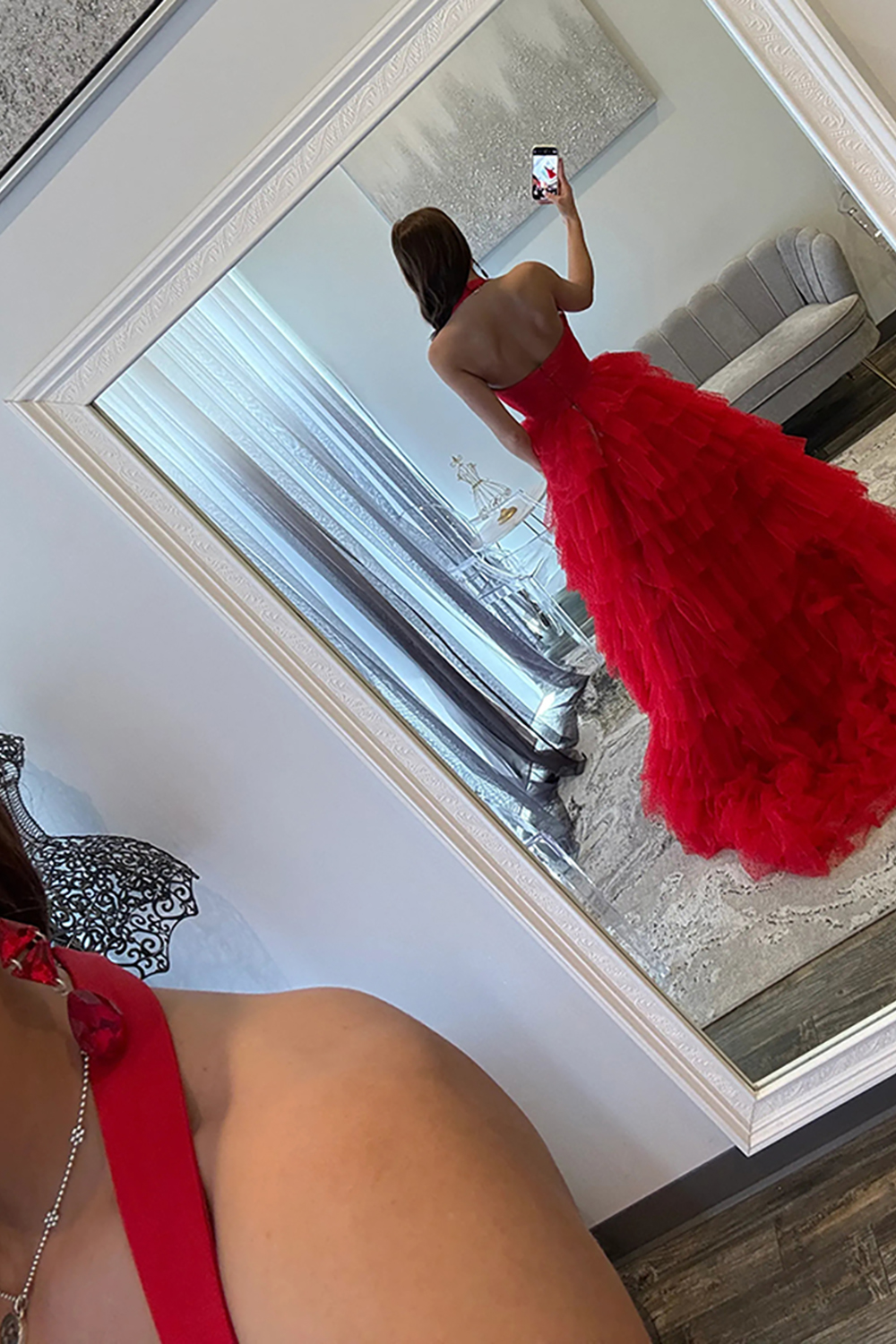 Yellow Ruffled Tiered Polka Dots Halter Long Prom Dress with Slit