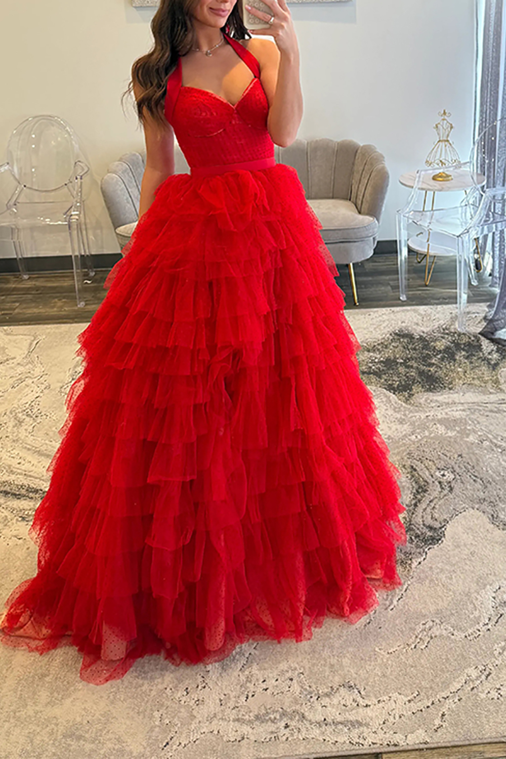 Yellow Ruffled Tiered Polka Dots Halter Long Prom Dress with Slit