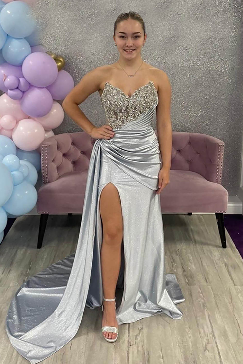 Silver Strapless Mermaid Corset Long Prom Dress with Side Cape