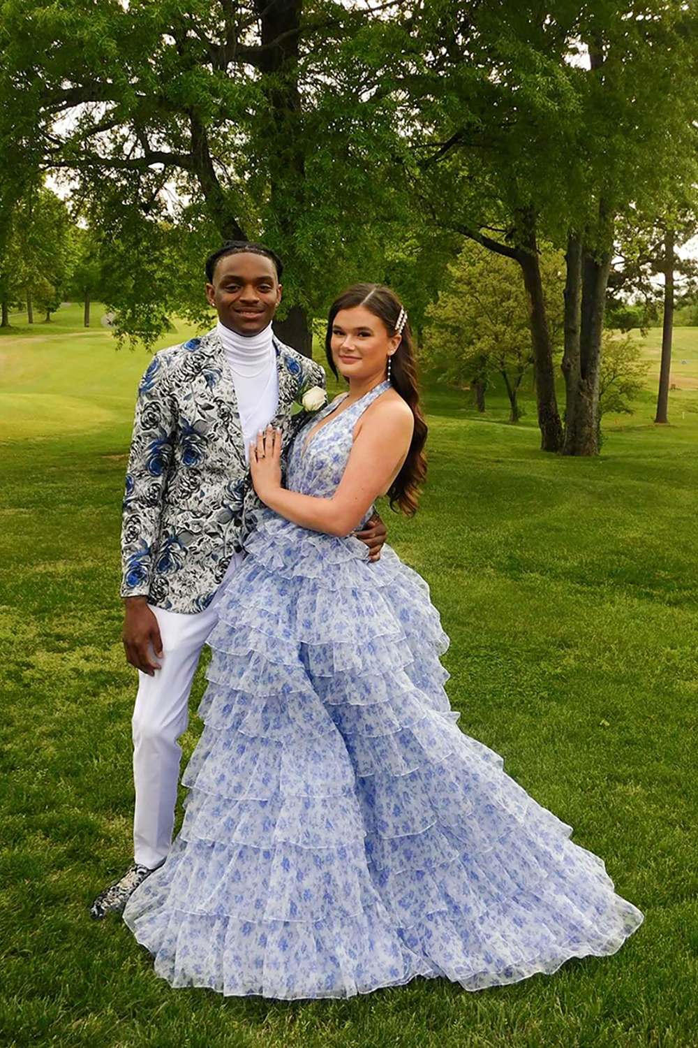 Blue Halter Floral Ball Gown Ruffled Tiered Long Prom Dress with Slit
