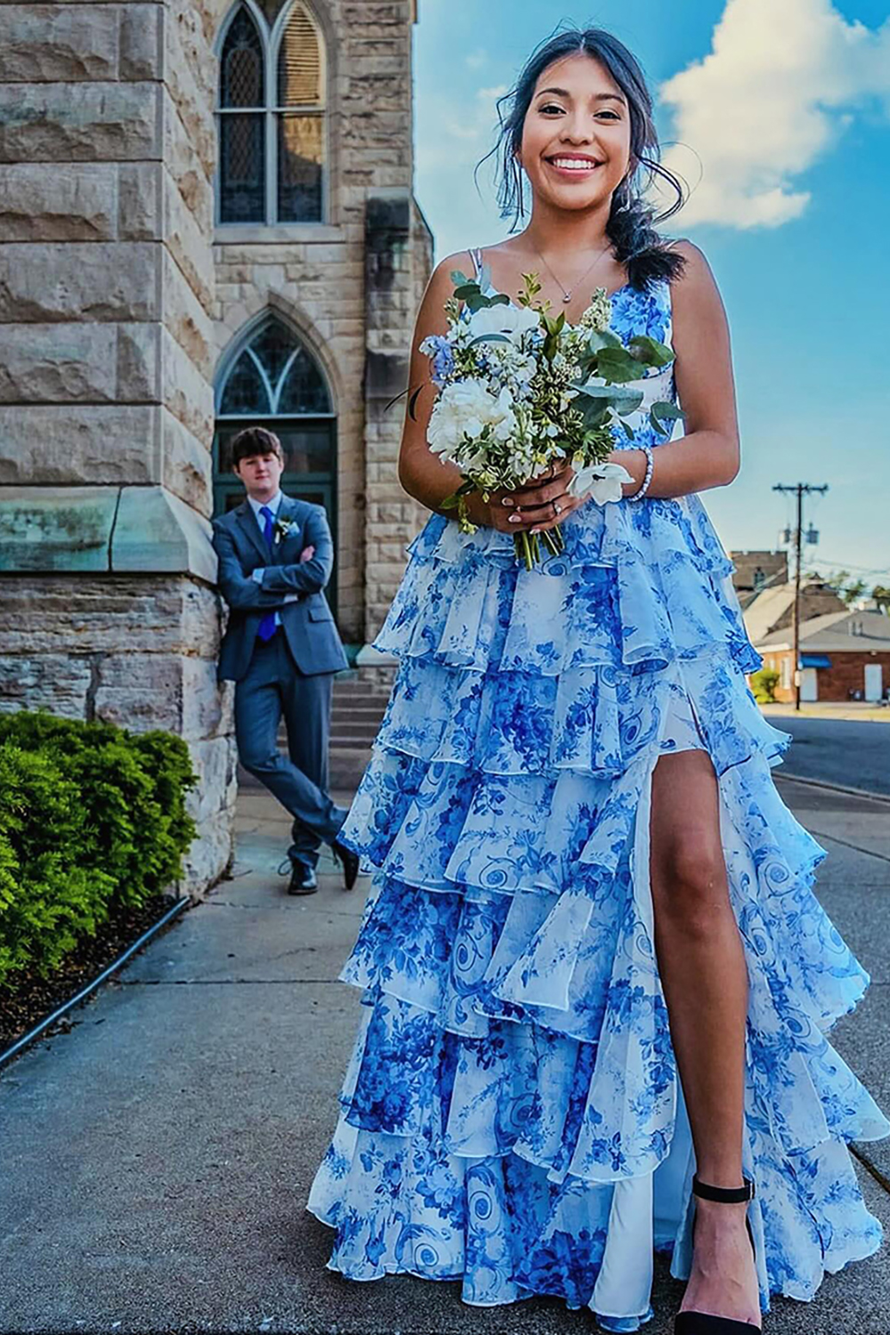 White Blue Flower Ruffled Tiered A Line Long Prom Dress with Slit