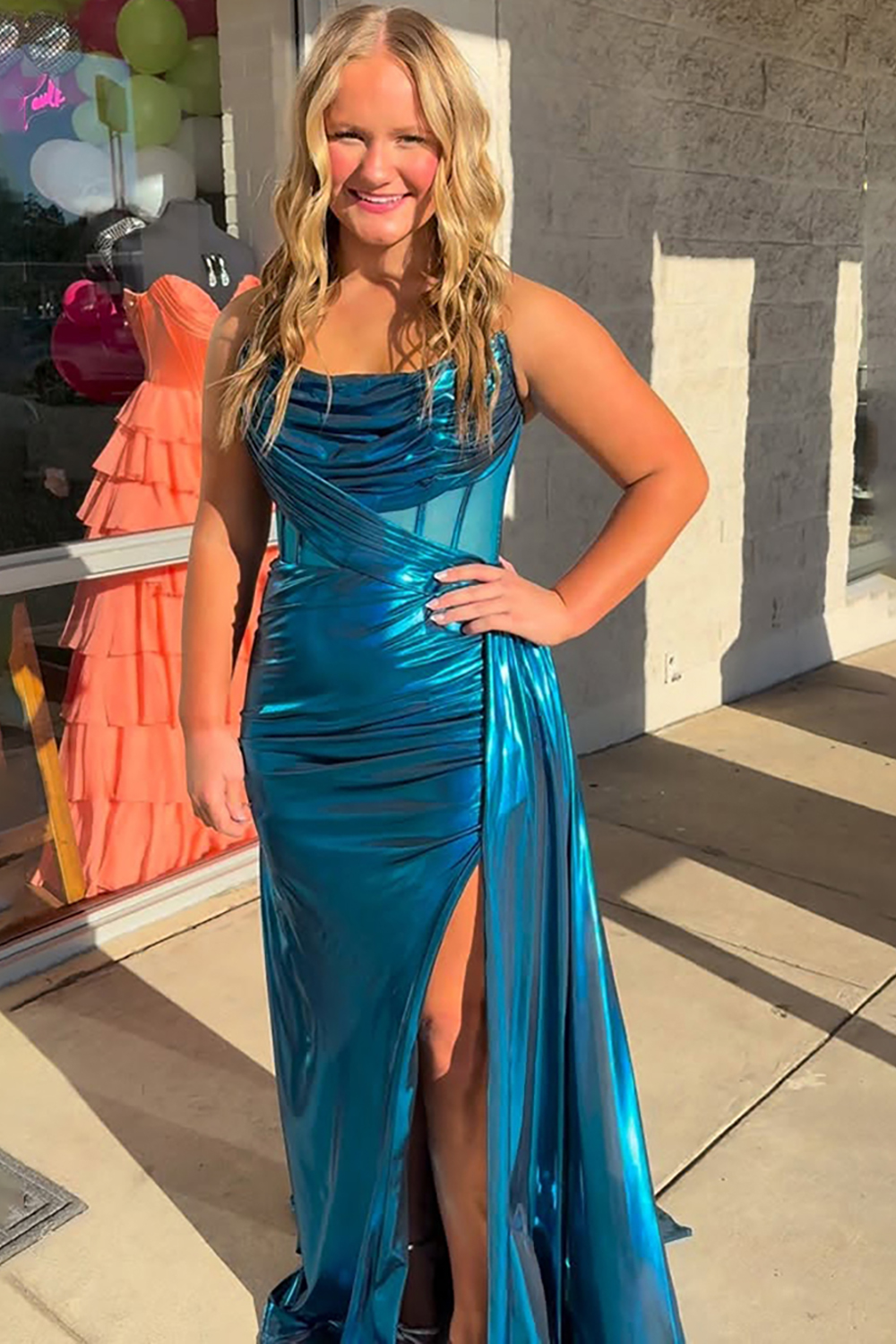 Peacock Blue Corset Mermaid Strapless Long Prom Dress with Side Cape