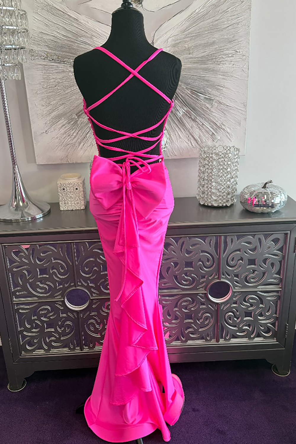 Fuchsia Mermaid Long Ruched Prom Dress with Ruffles