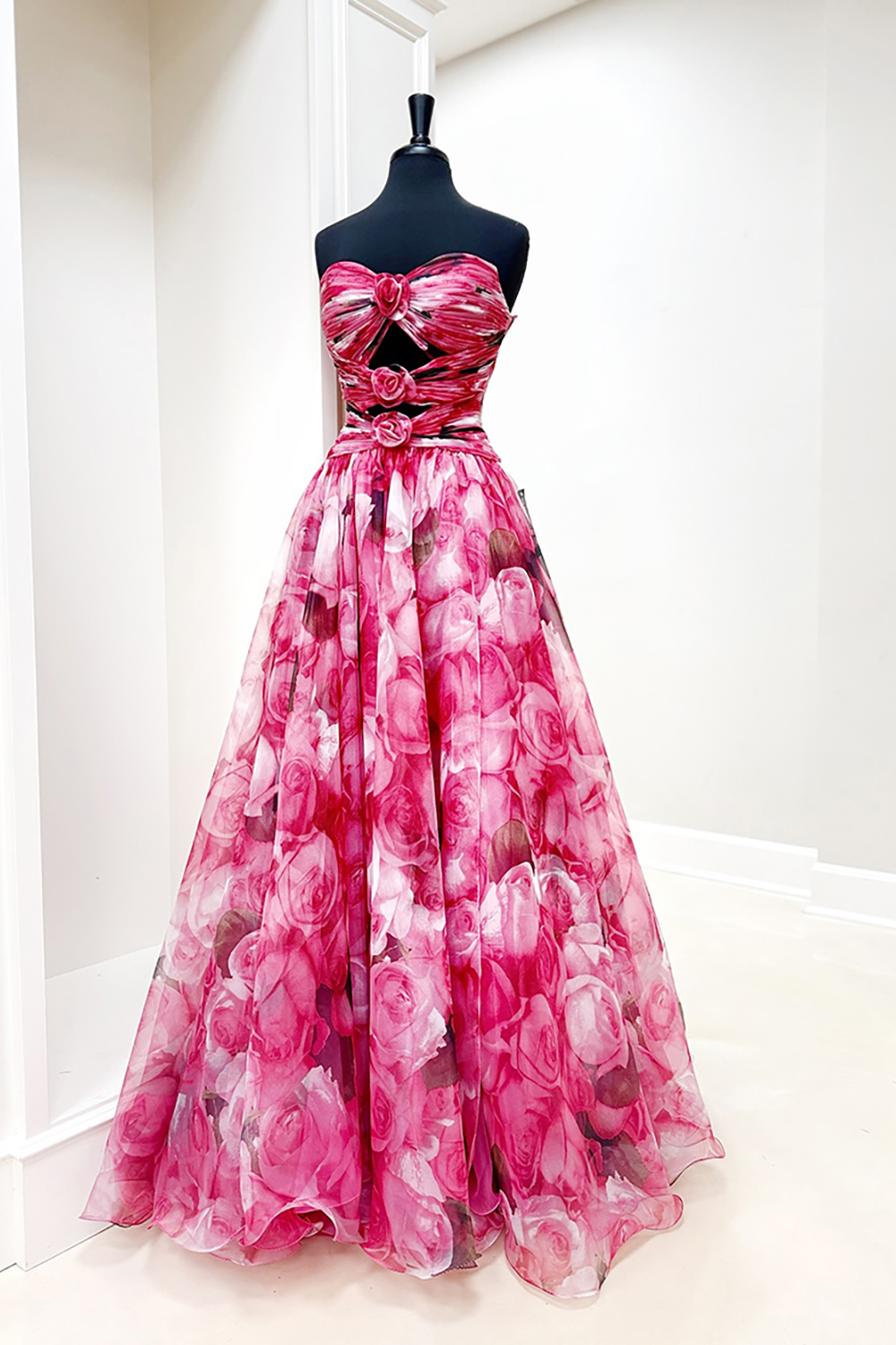Red Flower Long Strapless A-Line Prom Dress with 3D Flowers