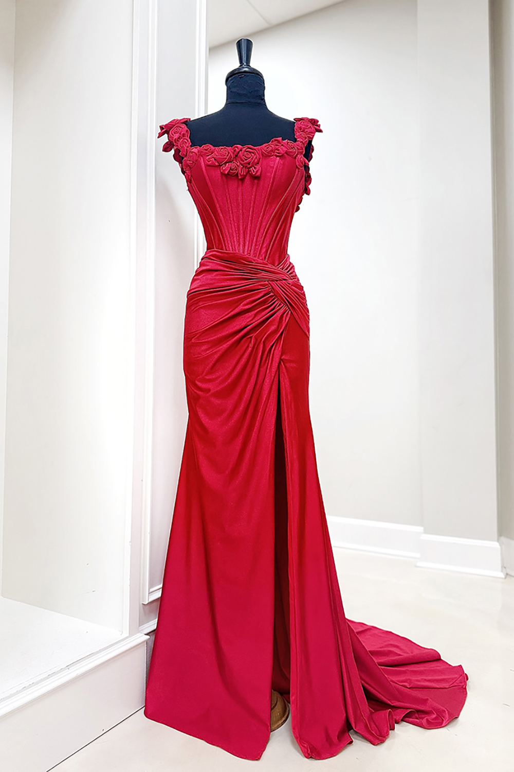 Red Square Neck Flower Corset Mermaid Long Prom Dress with Slit