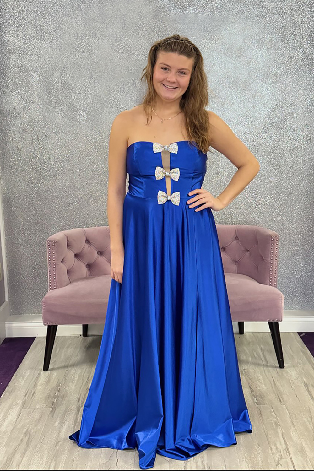 Royal Blue Satin Strapless A-Line Long Prom Dress with Bows