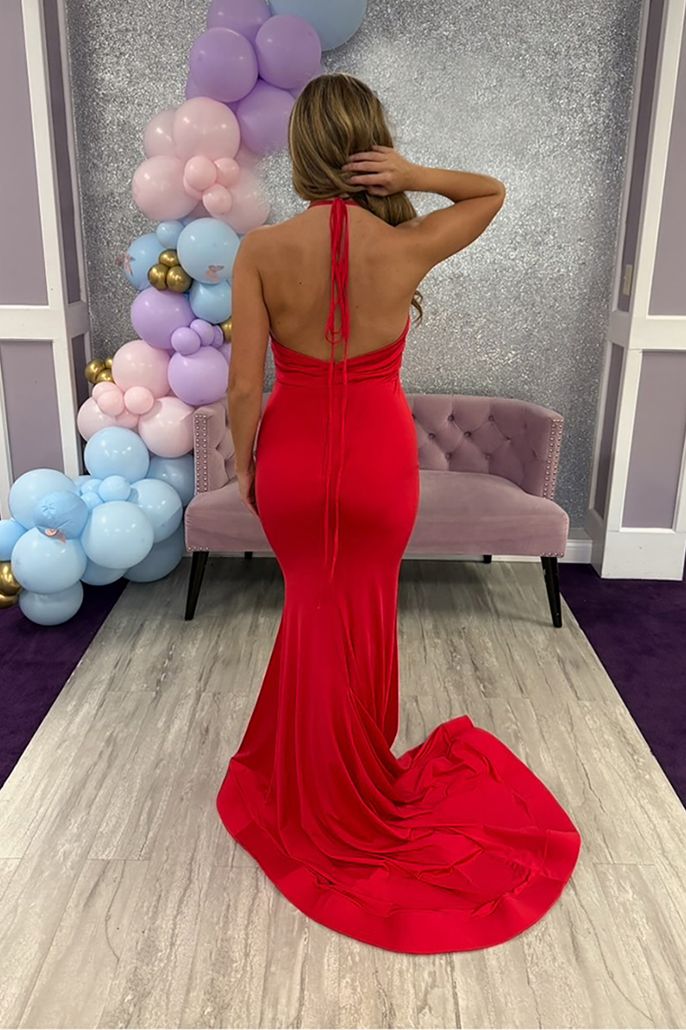 Red Satin Halter Neck Mermaid Long Prom Dress