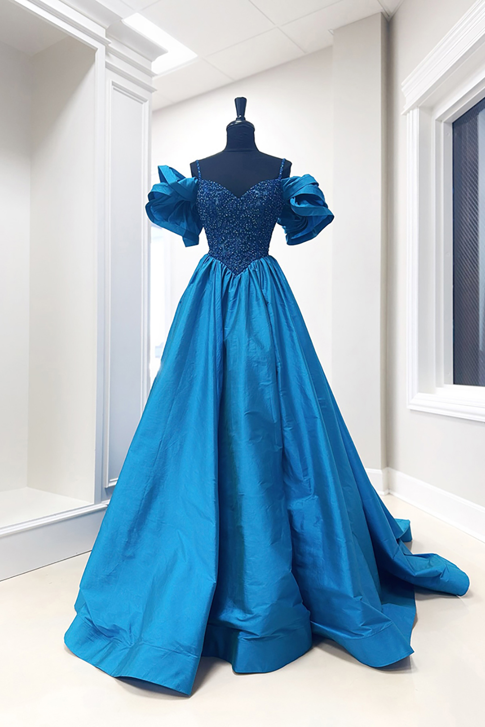 Sparkly Royal Blue Satin Off the Shoulder A-Line Long Prom Dress with Beading