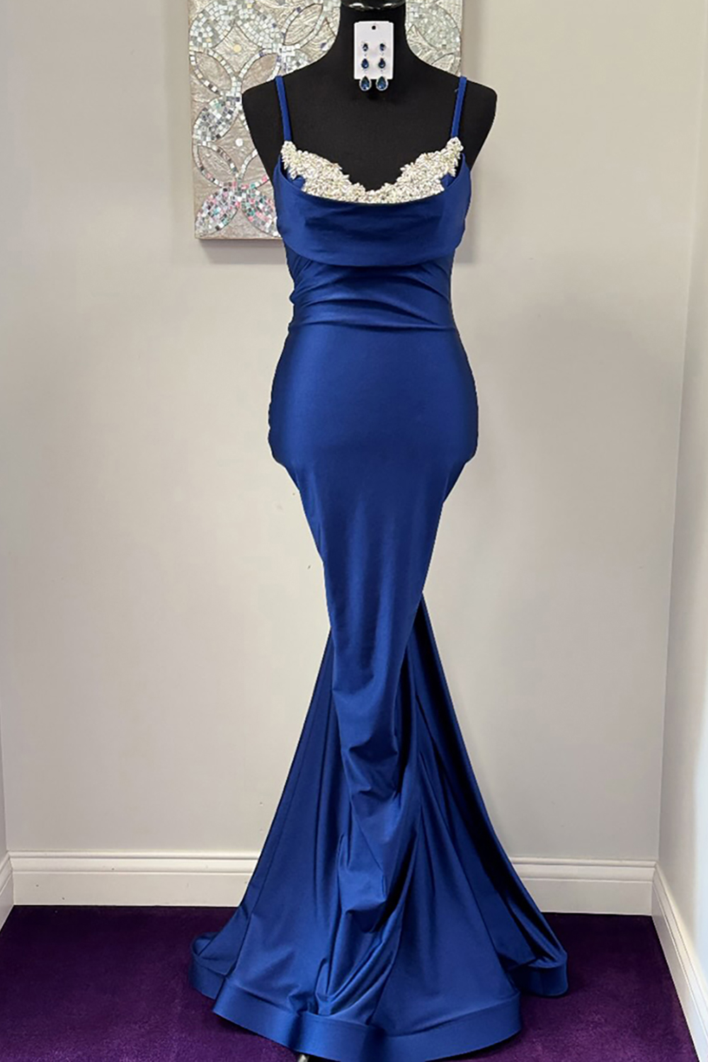 Sparkly Royal Blue Satin Spaghetti Strapless Mermaid Long Prom Dress with Beading