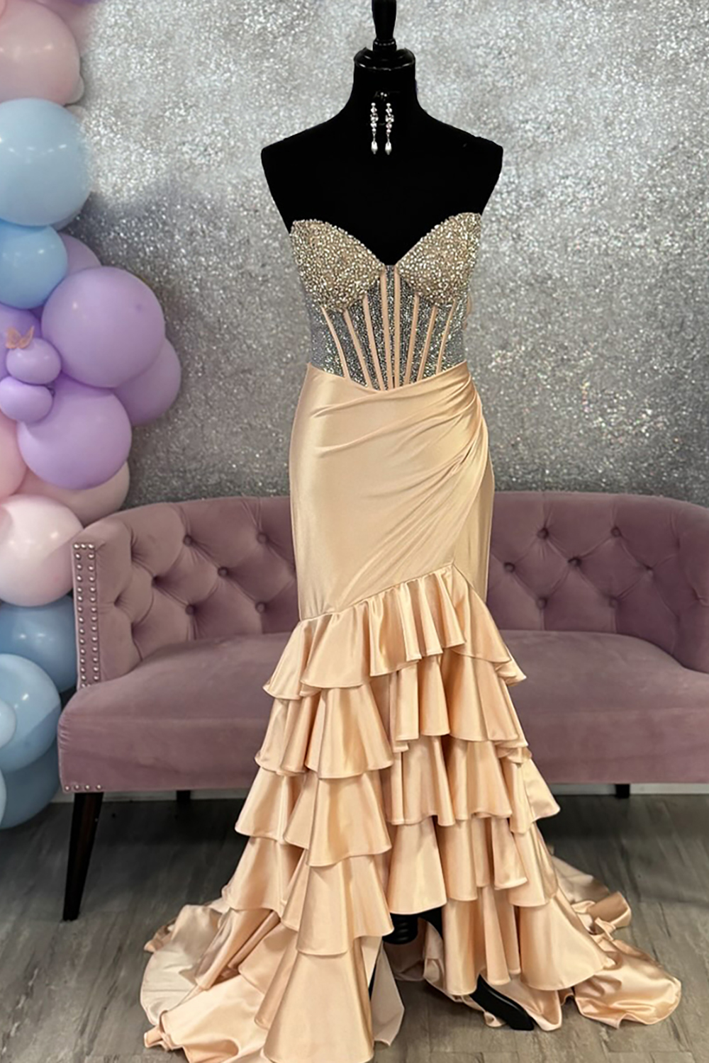 Sparkly Champagne Mermaid Long Corset Strapless Prom Dress with Ruffles