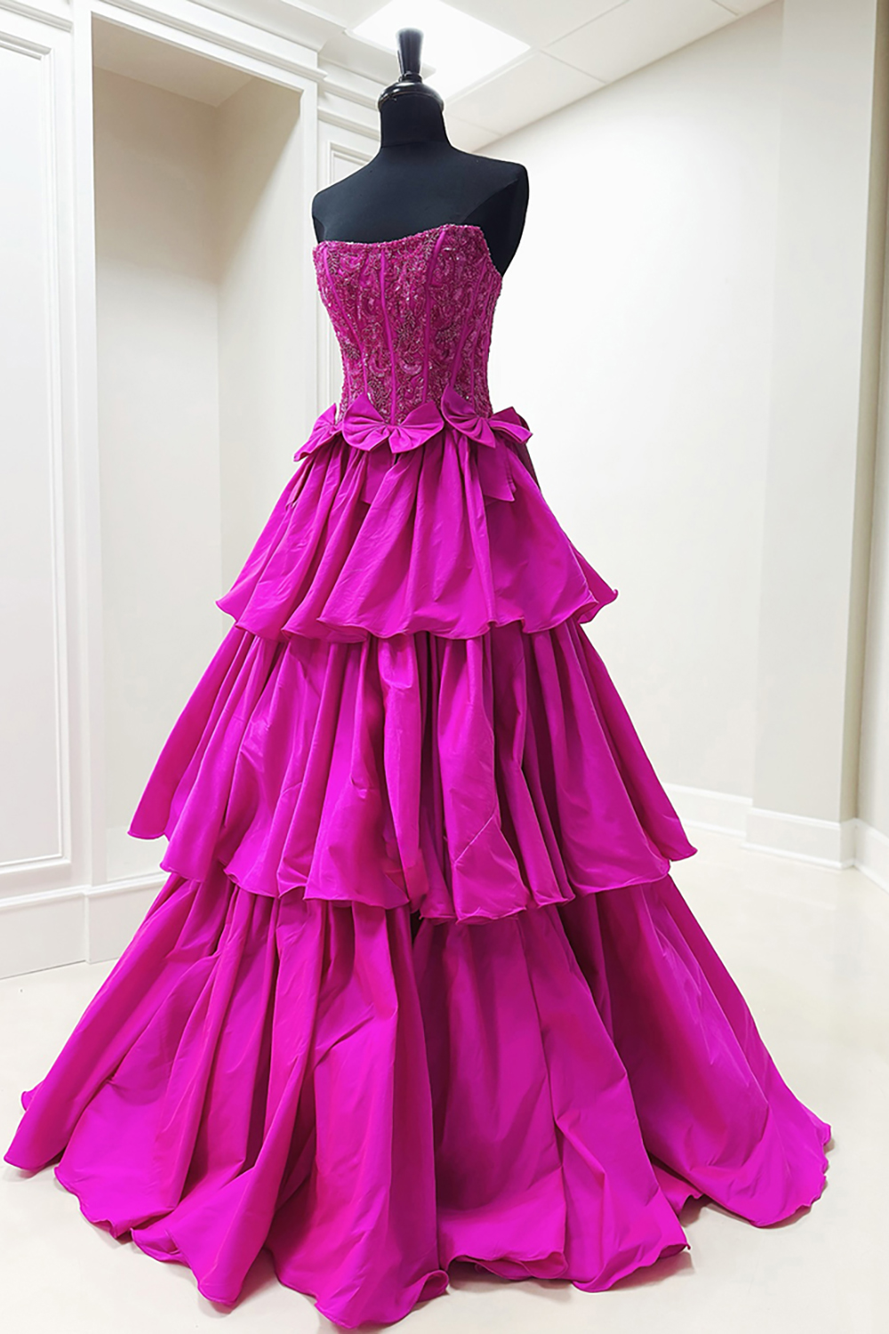 Sparkly Corset Fuchsia Strapless Ruffled Ball Gown Long Prom Dress with Bows