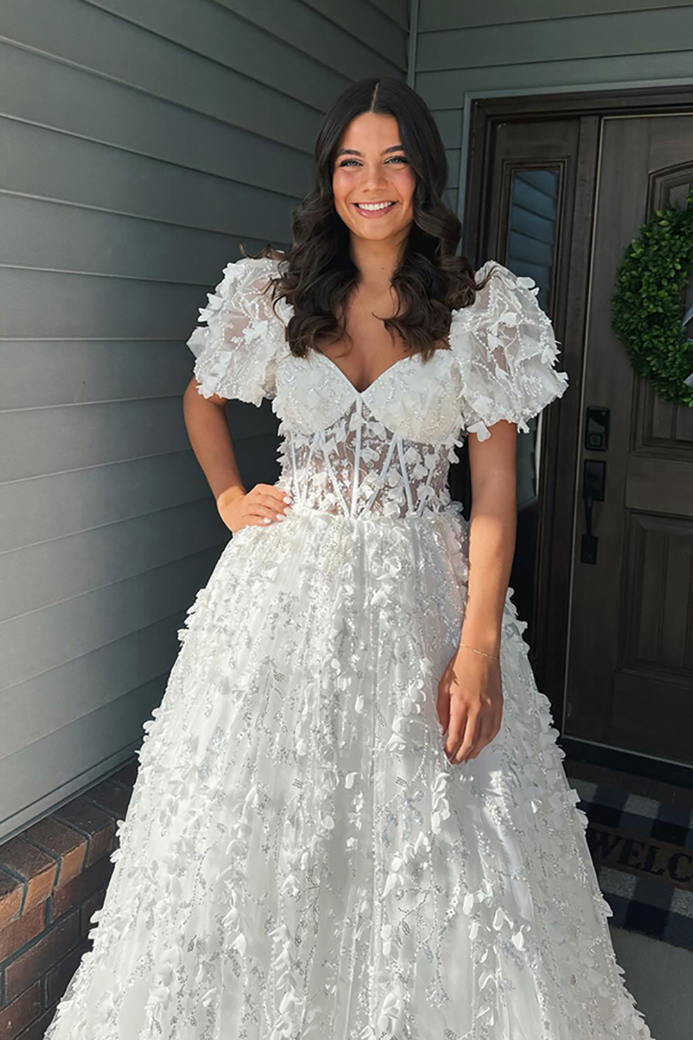 Sparkly Beaded White Sweetheart Corset Floral Long Prom Dress