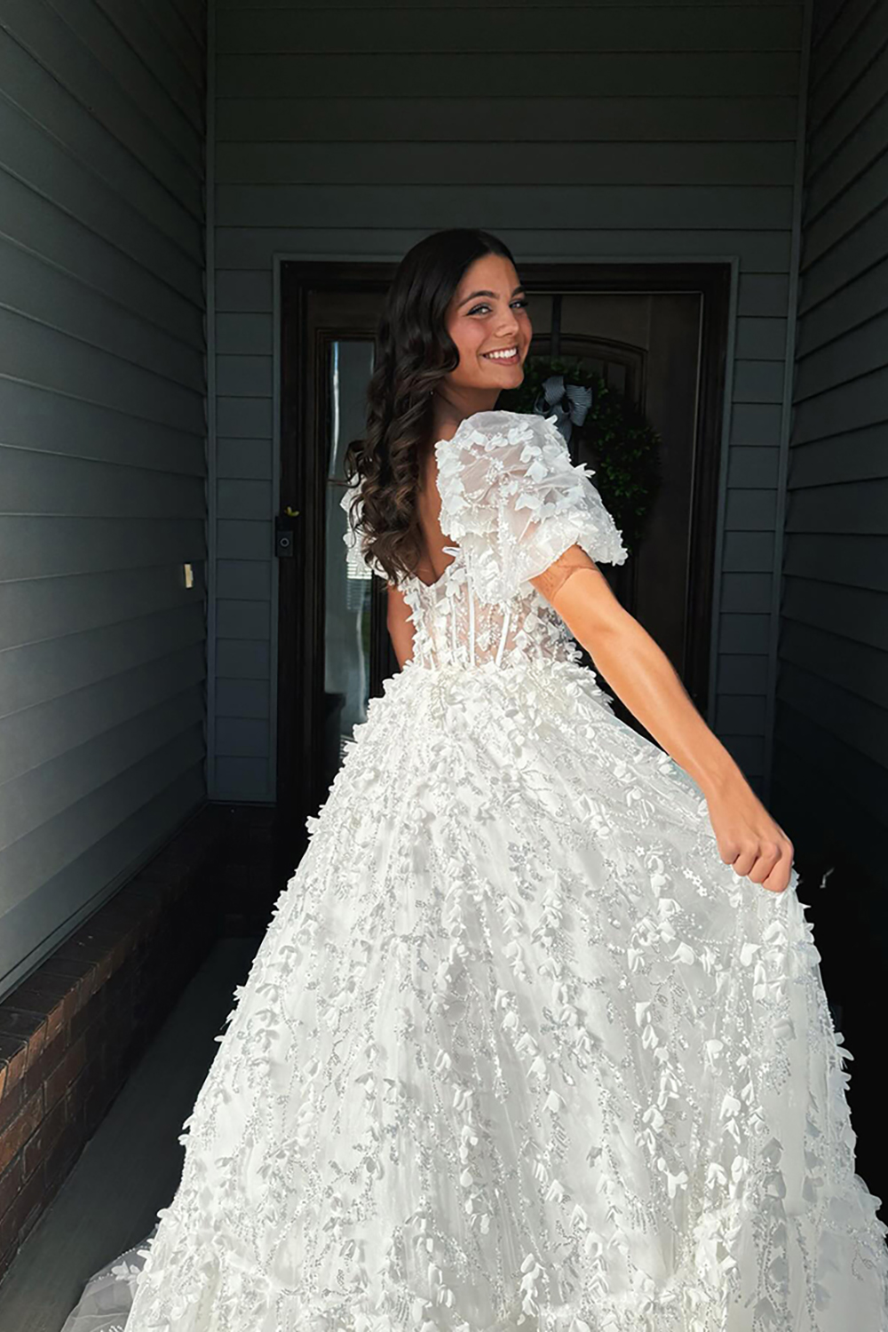 Sparkly Beaded White Sweetheart Corset Floral Long Prom Dress