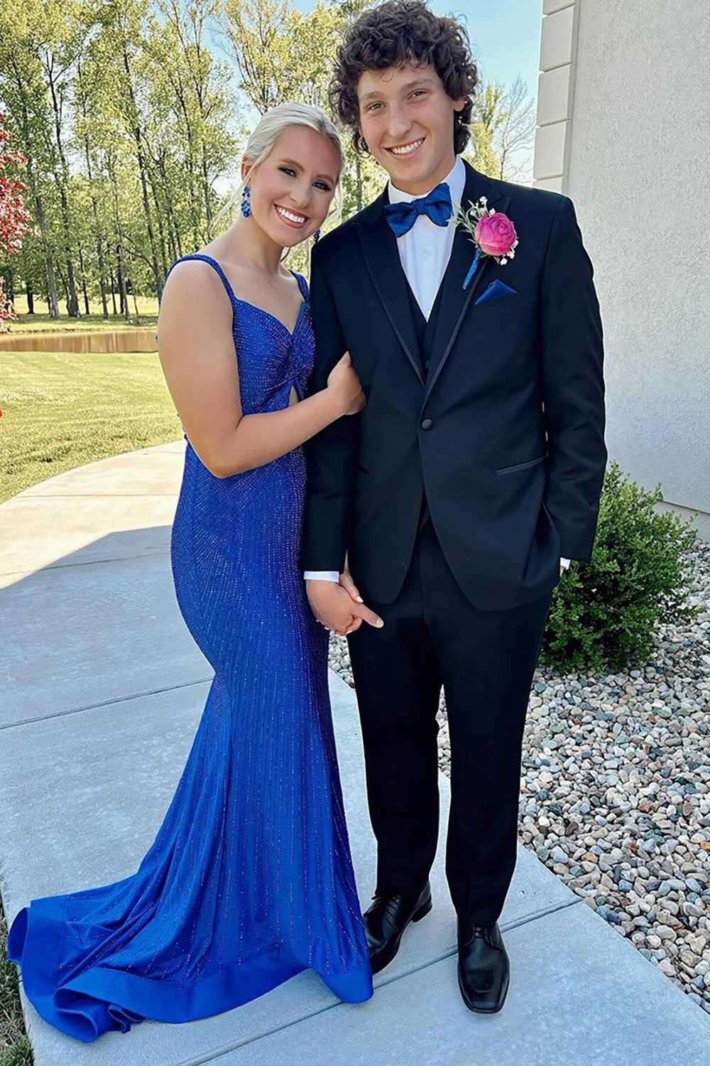 Sparkly Hot Pink Mermaid Spaghetti Straps Keyhole Long Beaded Backless Prom Dress