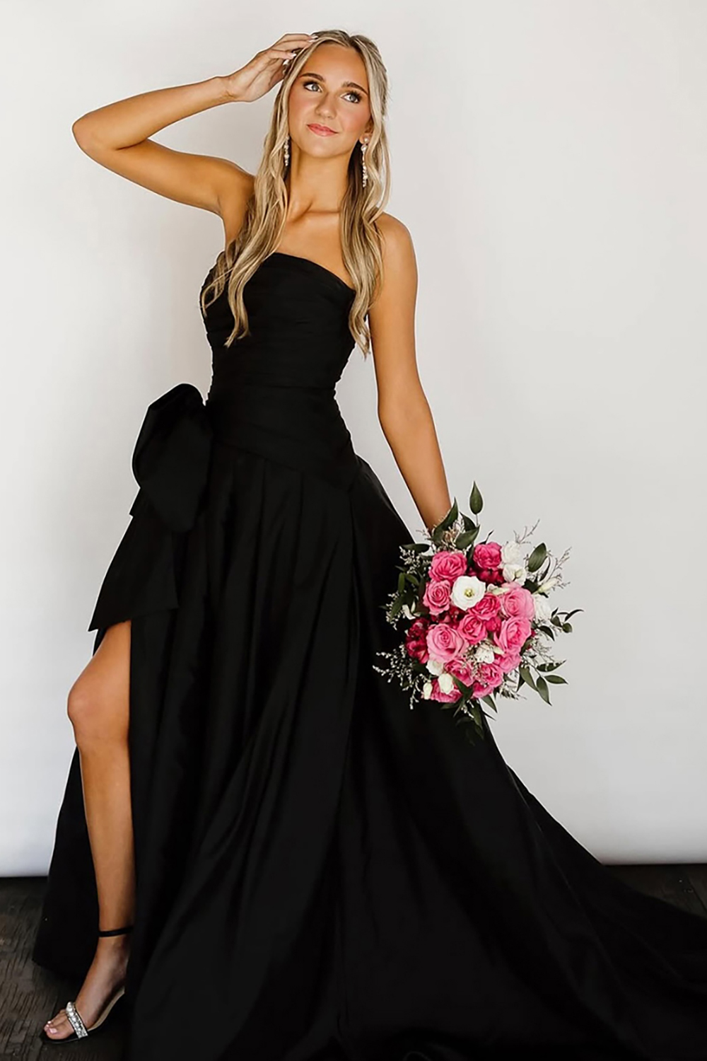 Strapless Black A Line Long Prom Dress with Bow