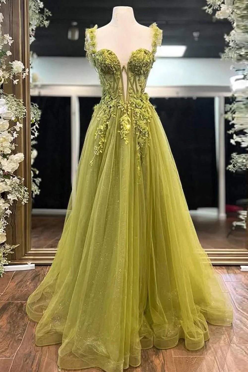Sparkly Green Floral Corset A Line Sequin Long Prom Dress with Embroidery