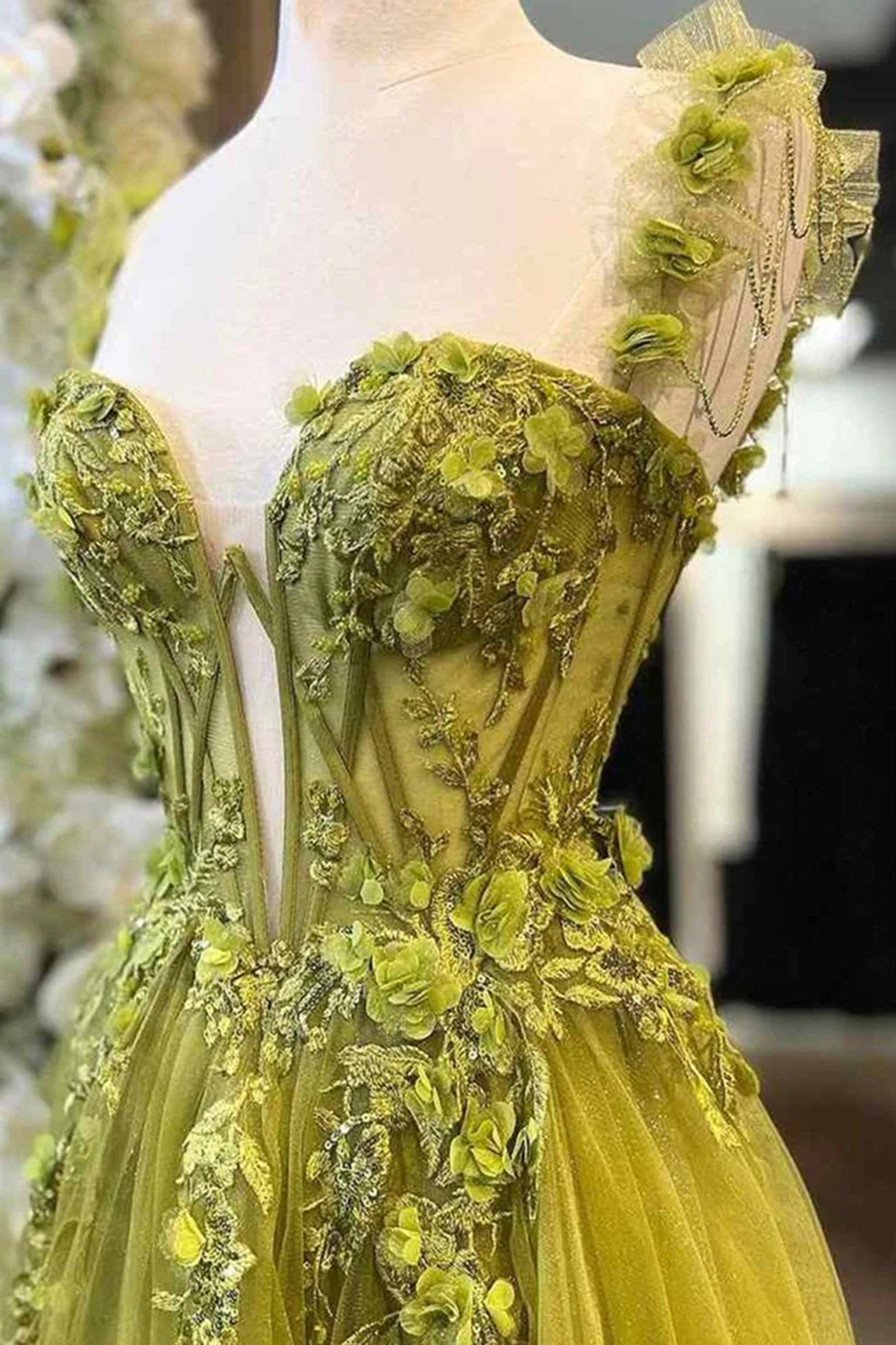 Sparkly Green Floral Corset A Line Sequin Long Prom Dress with Embroidery