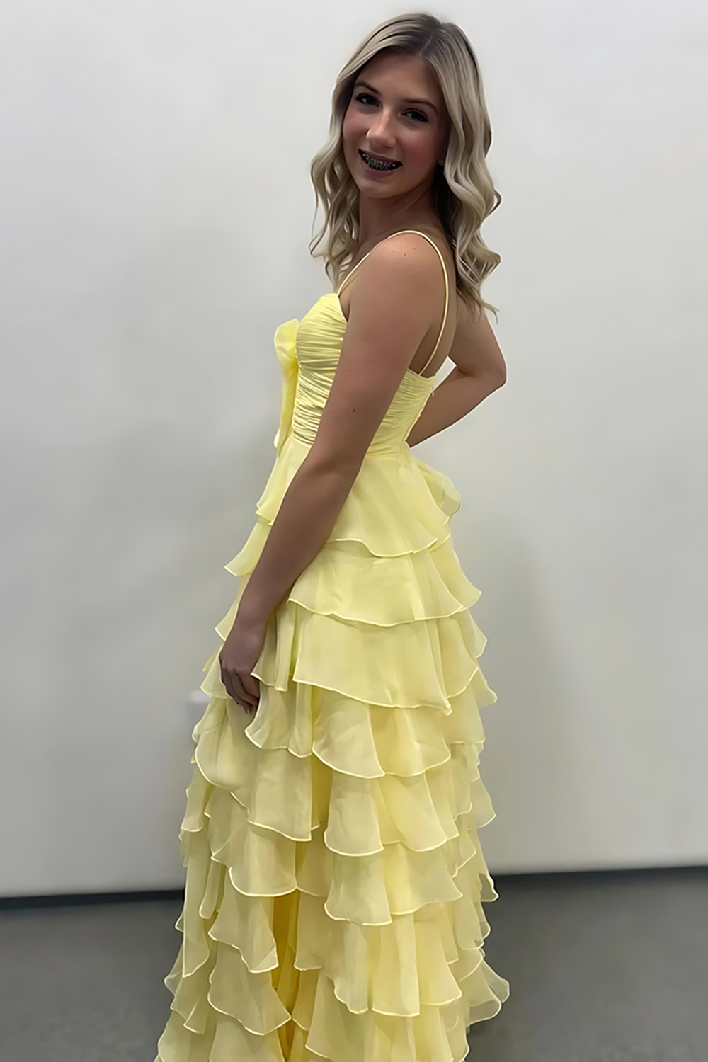 Yellow Tiered Ruffled A Line Long Prom Dress with Slit