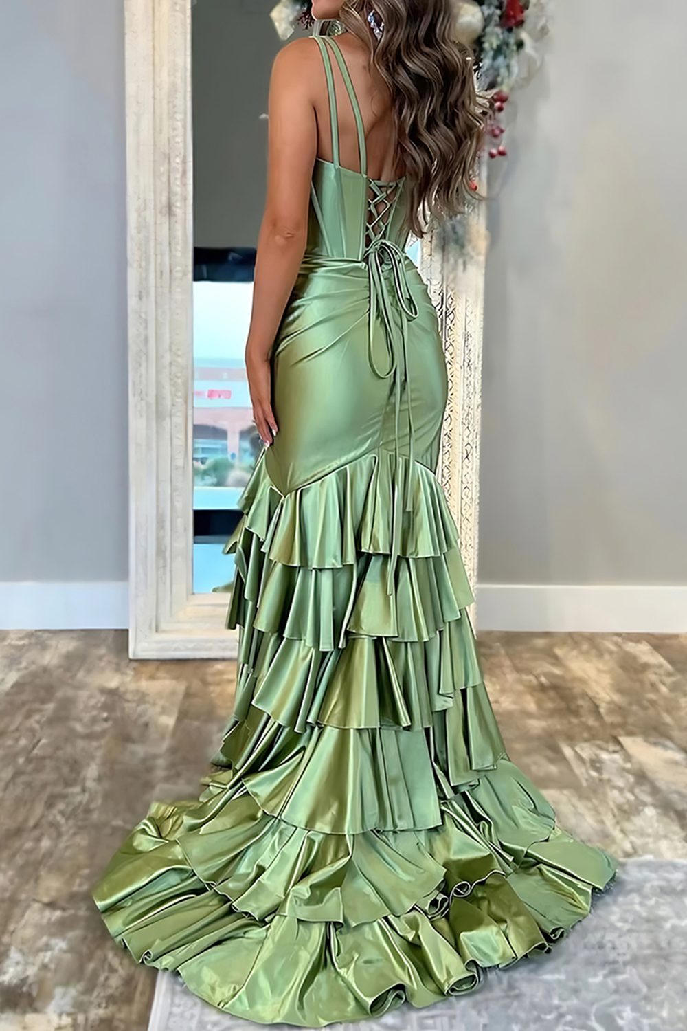 Sage Green Corset Ruffled Tiered Mermaid Long Prom Dress with Slit