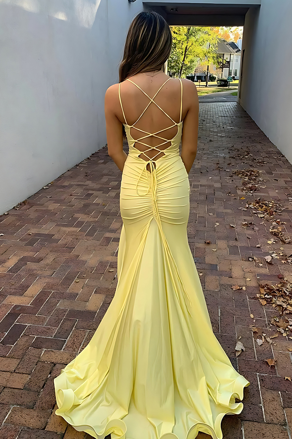 Yellow V-Neck Mermaid Ruched Long Prom Dress with Slit