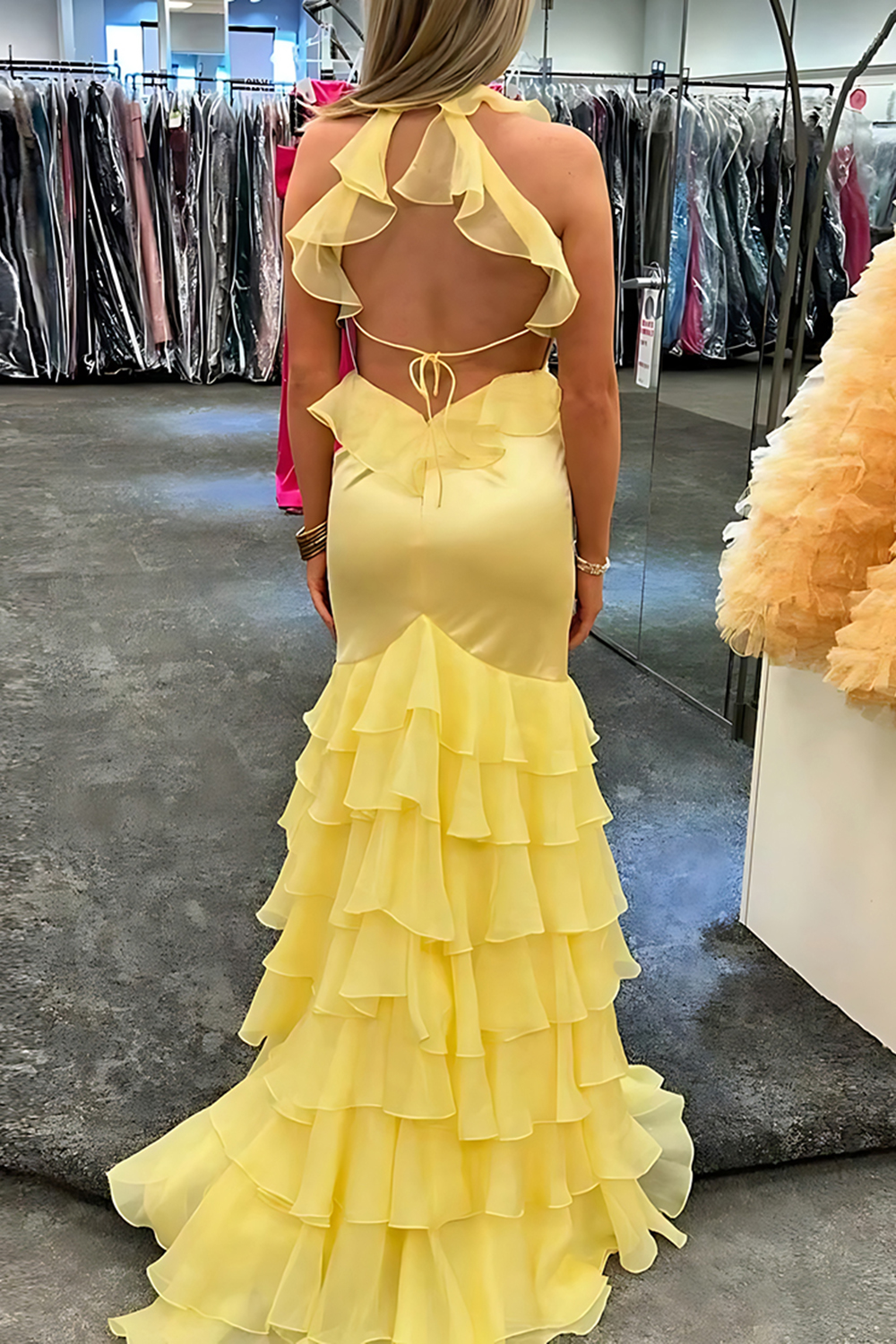 Yellow Mermaid Halter Ruffled Tiered Long Prom Dress with Slit
