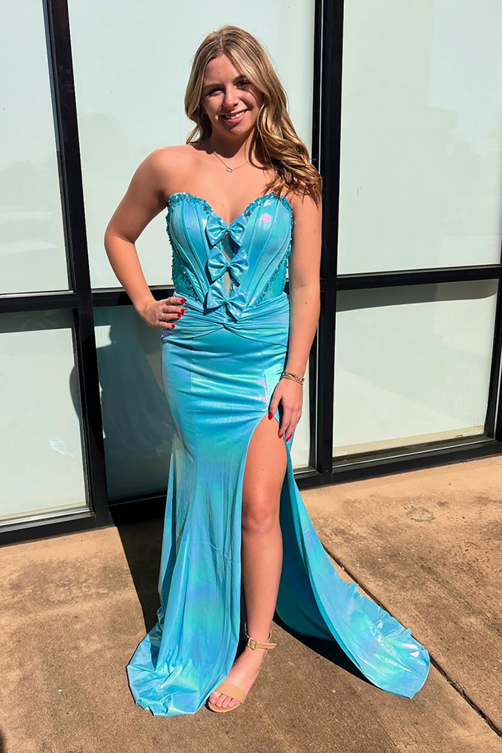 Sparkly Fuchsia Mermaid Metallic Corset Long Prom Dress with Bows