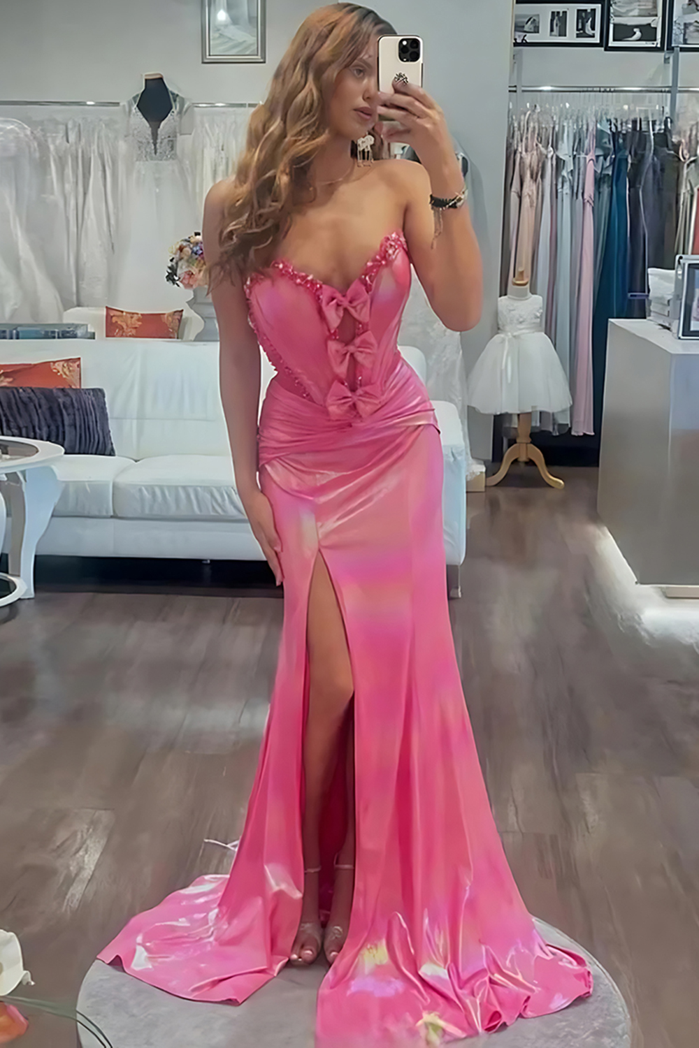 Sparkly Fuchsia Mermaid Sweetheart Corset Long Prom Dress with Bows