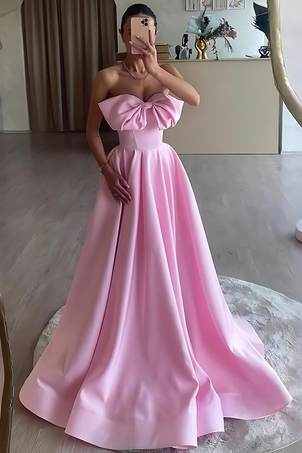 Pink Strapless Ball Gown Corset Long Prom Dress with Bow