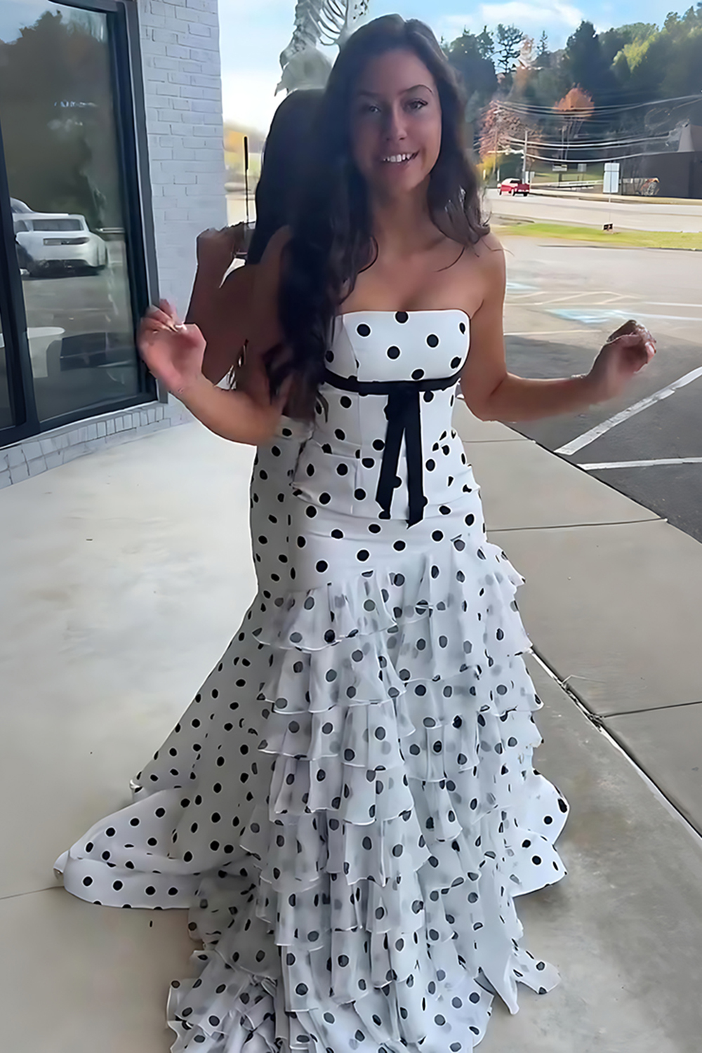 White Black Polka Dots Mermaid Tiered Ruffled Long Prom Dress with Sash
