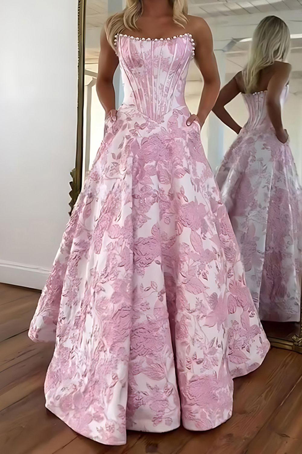 Sparkly Grey Blue Flower Corset Strapless Long Prom Dress with Beading