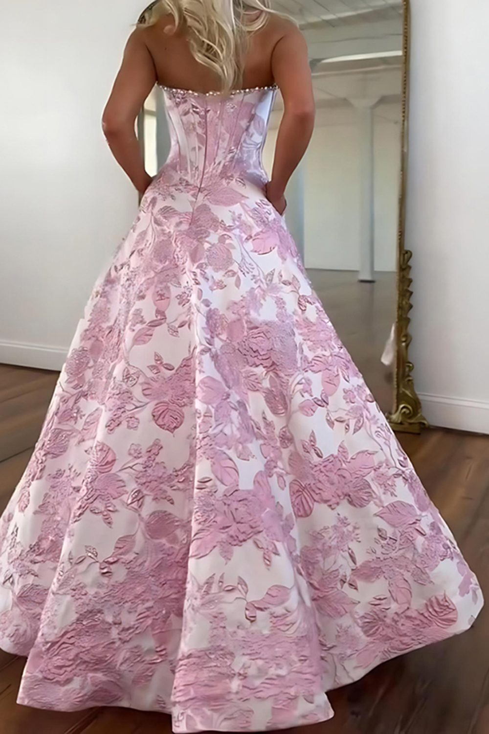 Sparkly Grey Blue Flower Corset Strapless Long Prom Dress with Beading