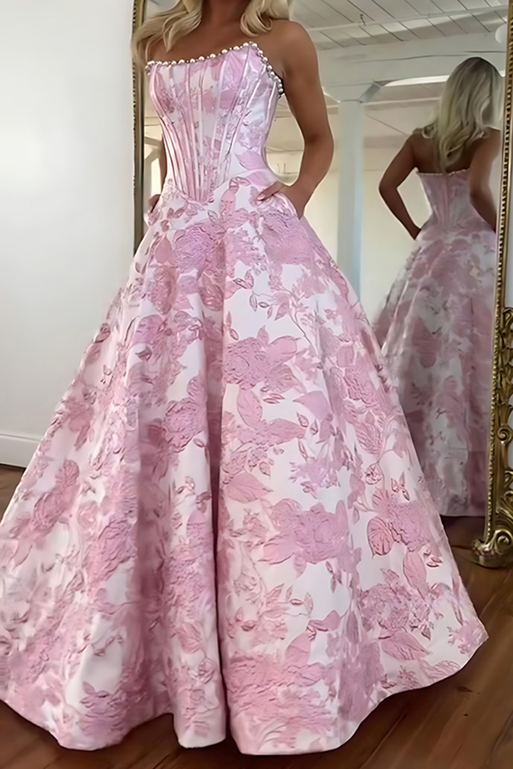 Sparkly Grey Blue Flower Corset Strapless Long Prom Dress with Beading